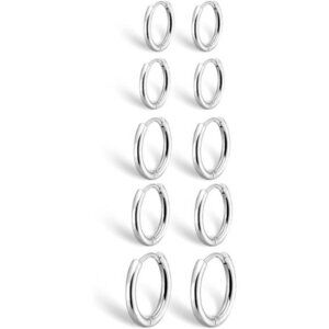 5 Pairs Small Silver Hoop Earrings Set for Women Men, Cute Silver Huggie